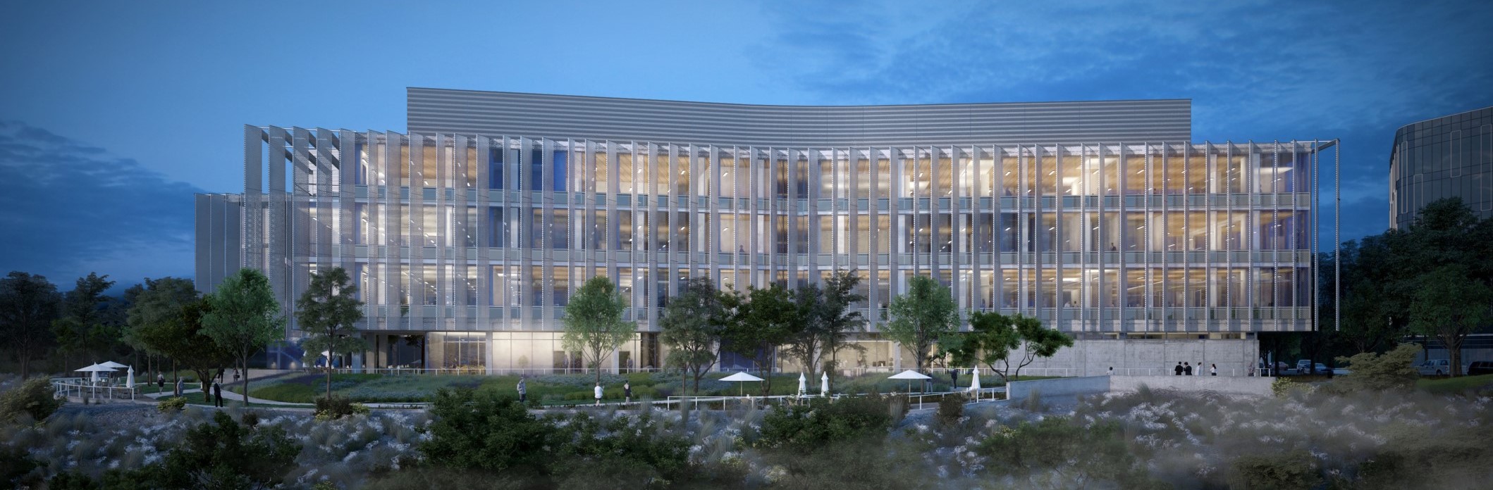 Franklin Antonio Hall illuminated at dusk on UC San Diego's east campus.