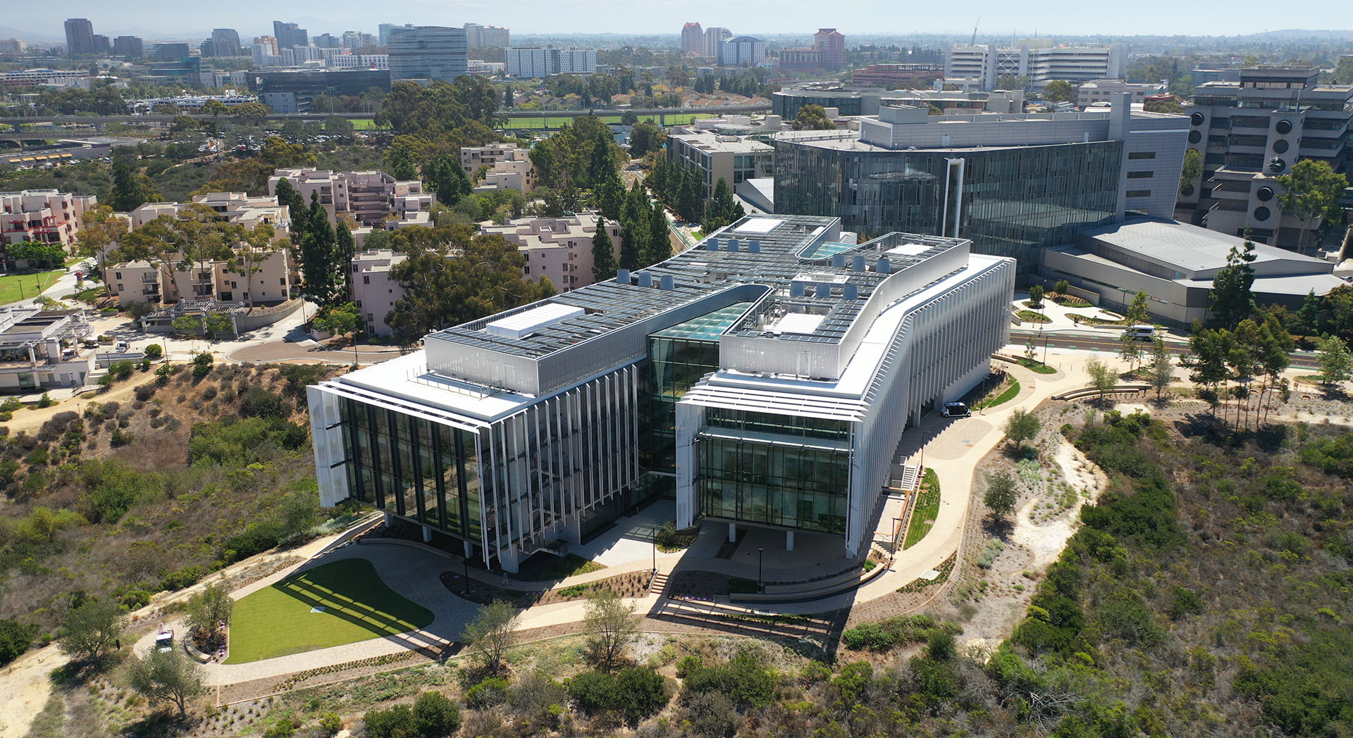 Aerial view of Franklin Antonio Hall on UC San Diego's east campus.